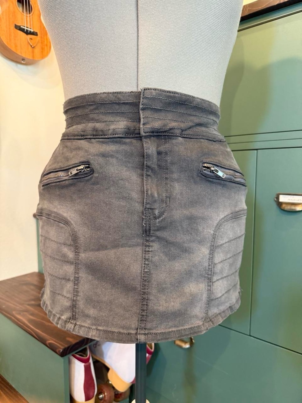 Washed Charcoal Mini Skirt with Zip Pockets